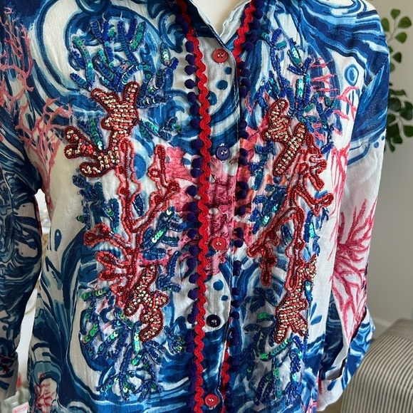 Antica Sartoria Beach Shirt Dress Button Front Cover Up Resort Wear Sequin Small - Picture 6 of 15